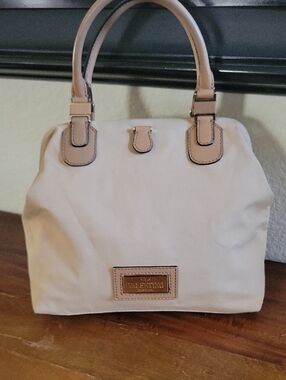Valentino 3D Rosette Cream Canvas and Leather Satchel Handbag with Tan Trim